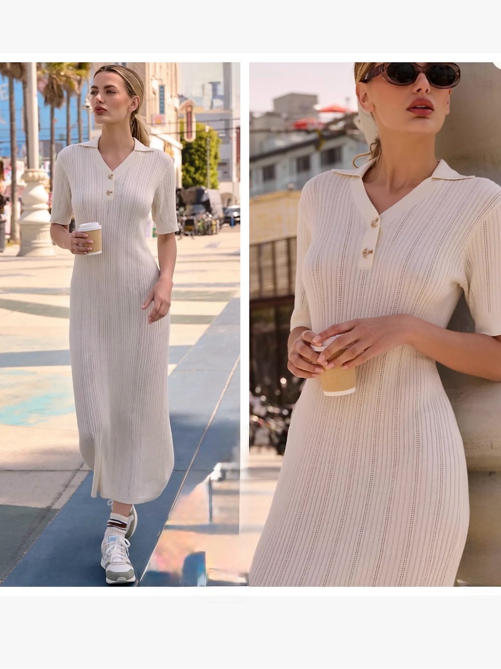 VARLEY Varley Andrea Short-Sleeve
Knit Maxi Dress Rib Knit Polo IVORY Sz XL